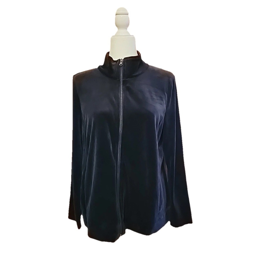 VTG Talbots Womens Velour Jacket Sz M Black Zip 90s‎ Y2K Minimalist Street